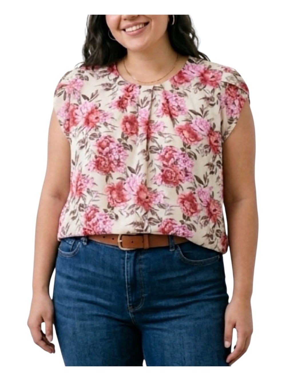 Floral Pleated Front Cap Sleeve Blouse - Pink & Beige - 4XL